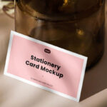 Horizontal Stationery Card Mockup with Vase in Perspective View