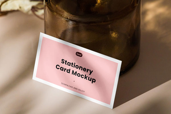 Horizontal Stationery Card Mockup with Vase in Perspective View