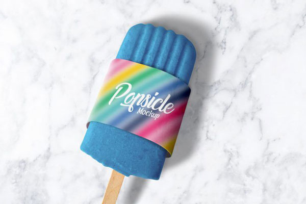 Ice Popsicle in Packaging Sleeve Laid in the Top View Mockup