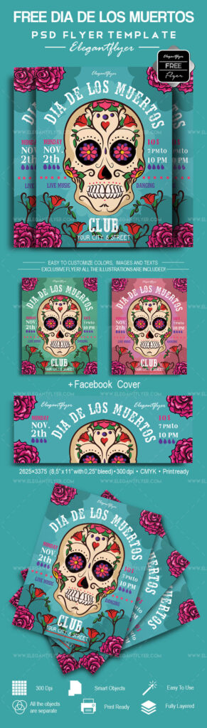 Illustrated Floral Dia de Muertos Flyer Template and Facebook Cover