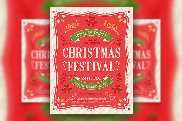 Illustrated Flowers Christmas Festival Flyer Templates