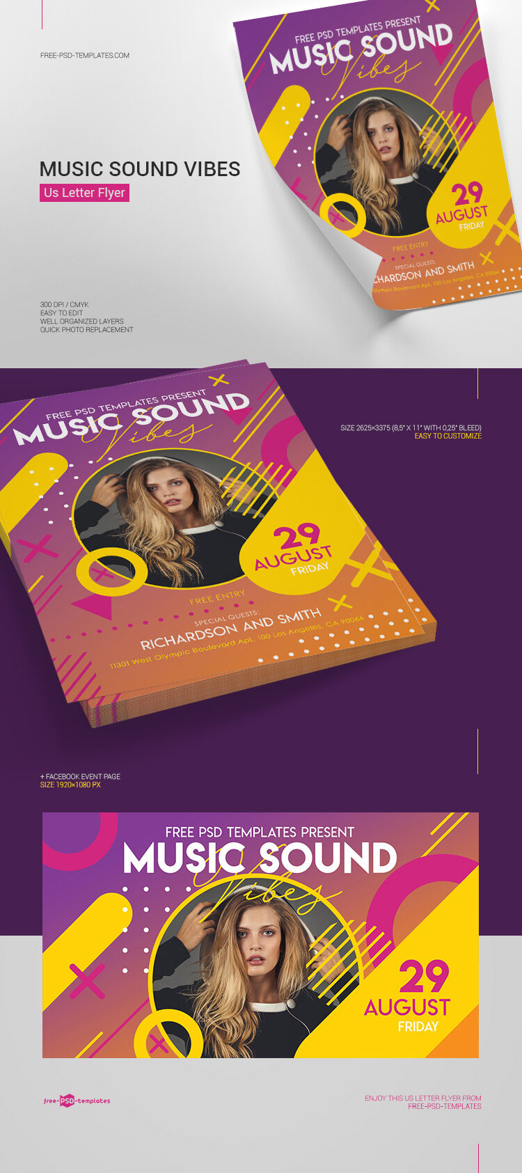Illustrated Music Sound Vibes Flyer with a Facebook Cover Template FREE PSD