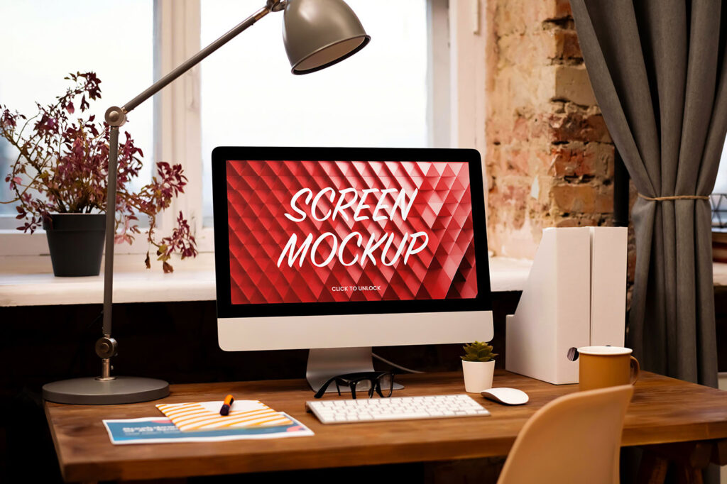 iMac on Wooden Desk Mockup