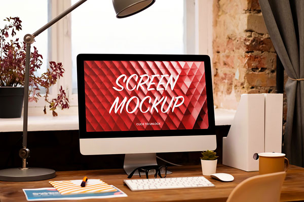 iMac on Wooden Desk Mockup