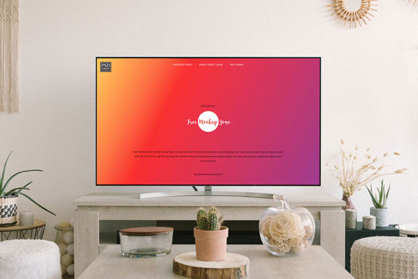 Indoor Flat TV Screen Mockup with Decorative Elements