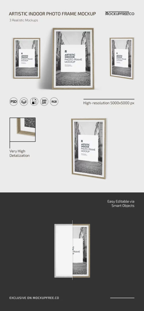 Indoor Photo Frame Mockup in 3 Sights