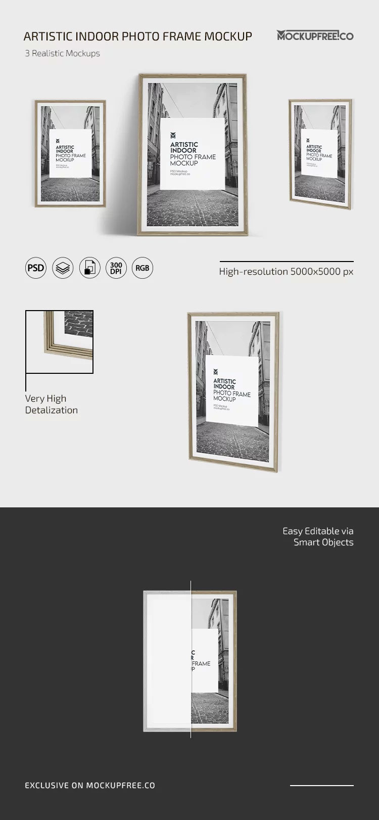 Free Indoor Photo Frame Mockup in 3 Sights PSD Template