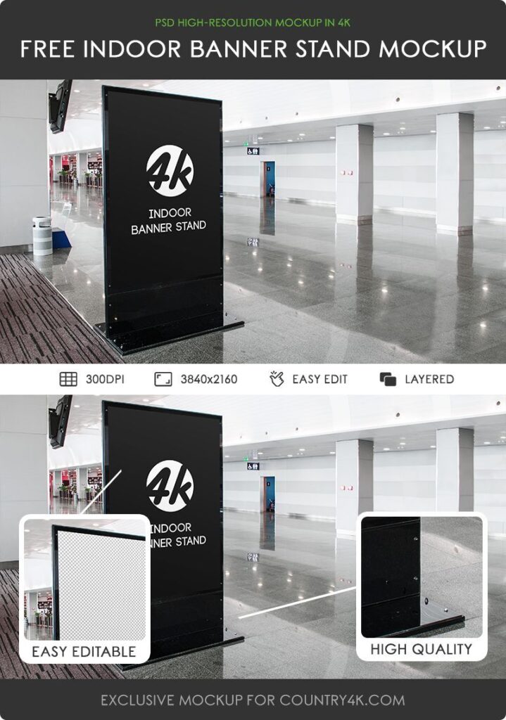 Indoors, Vertical Banner Stand in the Half-Side View Mockup