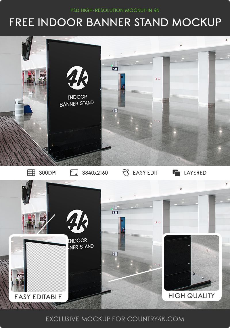 Indoors, Vertical Banner Stand in the Half-Side View Mockup FREE PSD