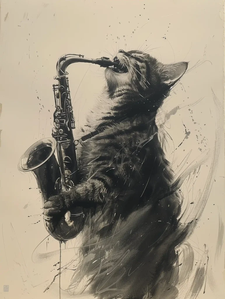 Ink Wash Cat Saxophonist