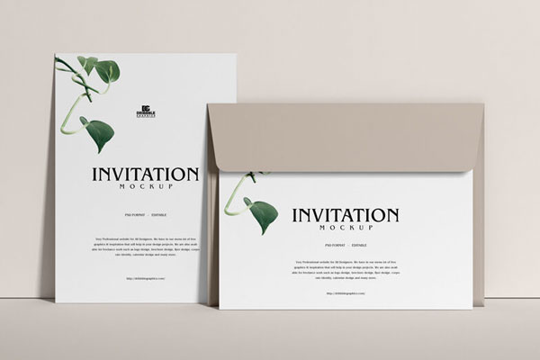 Invitation Card and Envelope leaning Against a Wall Mockup