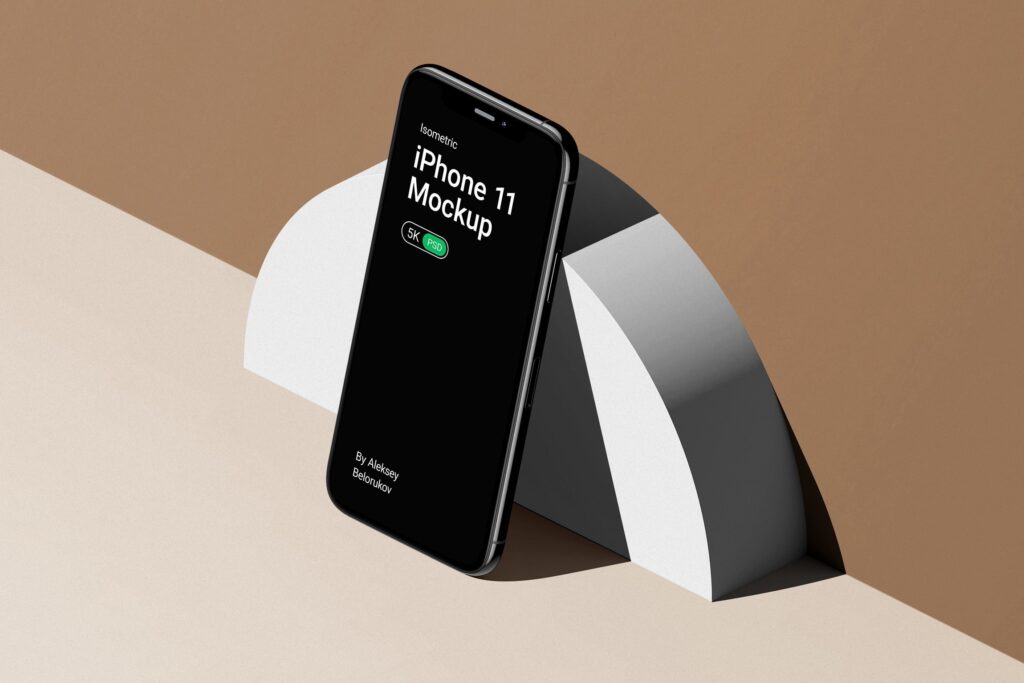 iPhone 11 Pro Mockup Standing Against the Wall in Isometric View