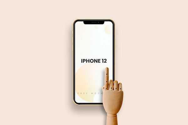 iPhone 12 With Wooden Hand pointing at the Screen Mockup