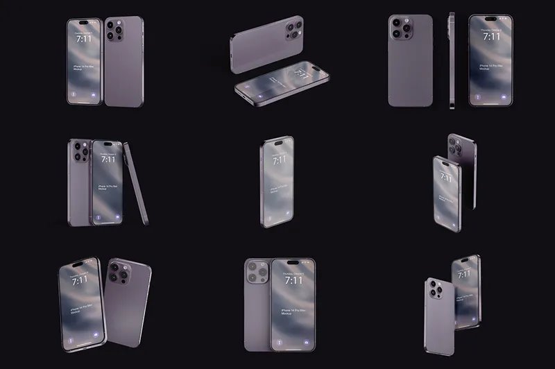 iPhone 14 Pro Max Mockup in 9 Various Sights
