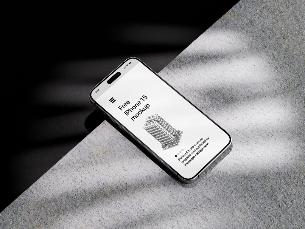 iPhone 15 Mockup with Shadow Overlays in 4 Sights