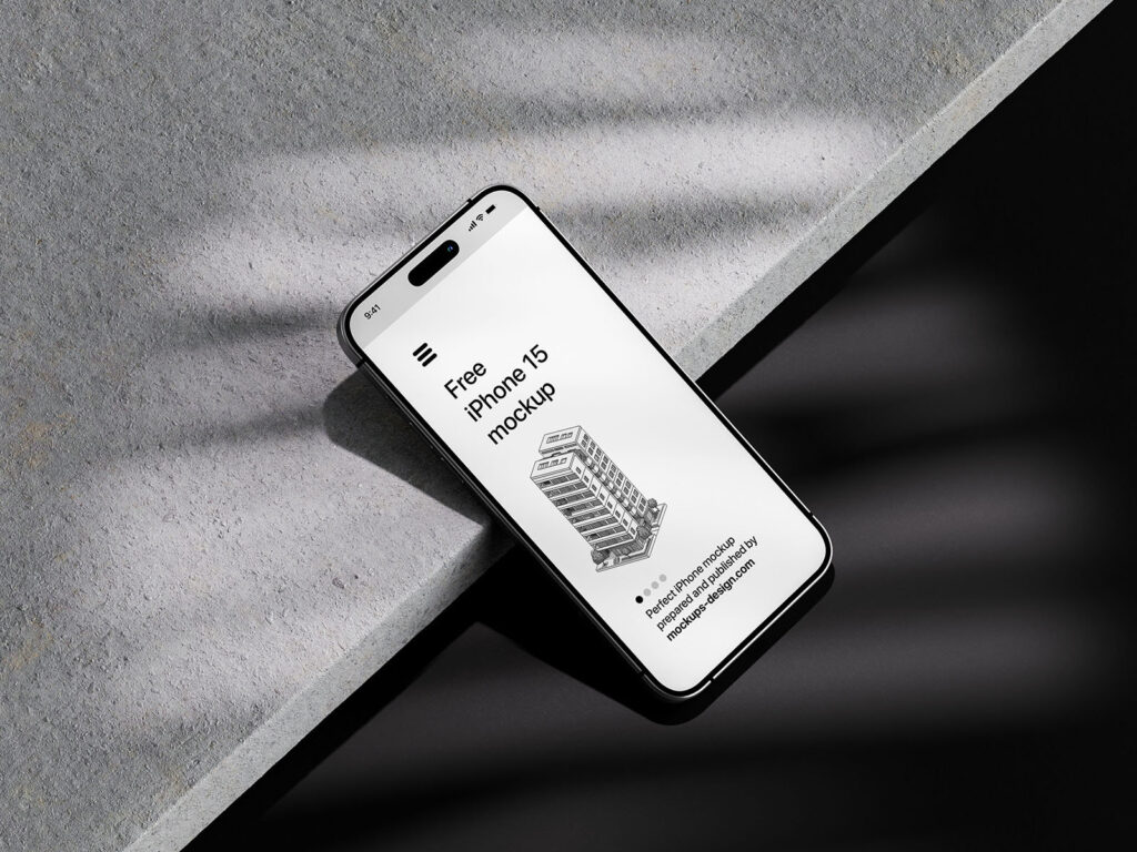 iPhone 15 Mockup with Shadow Overlays in 4 Sights