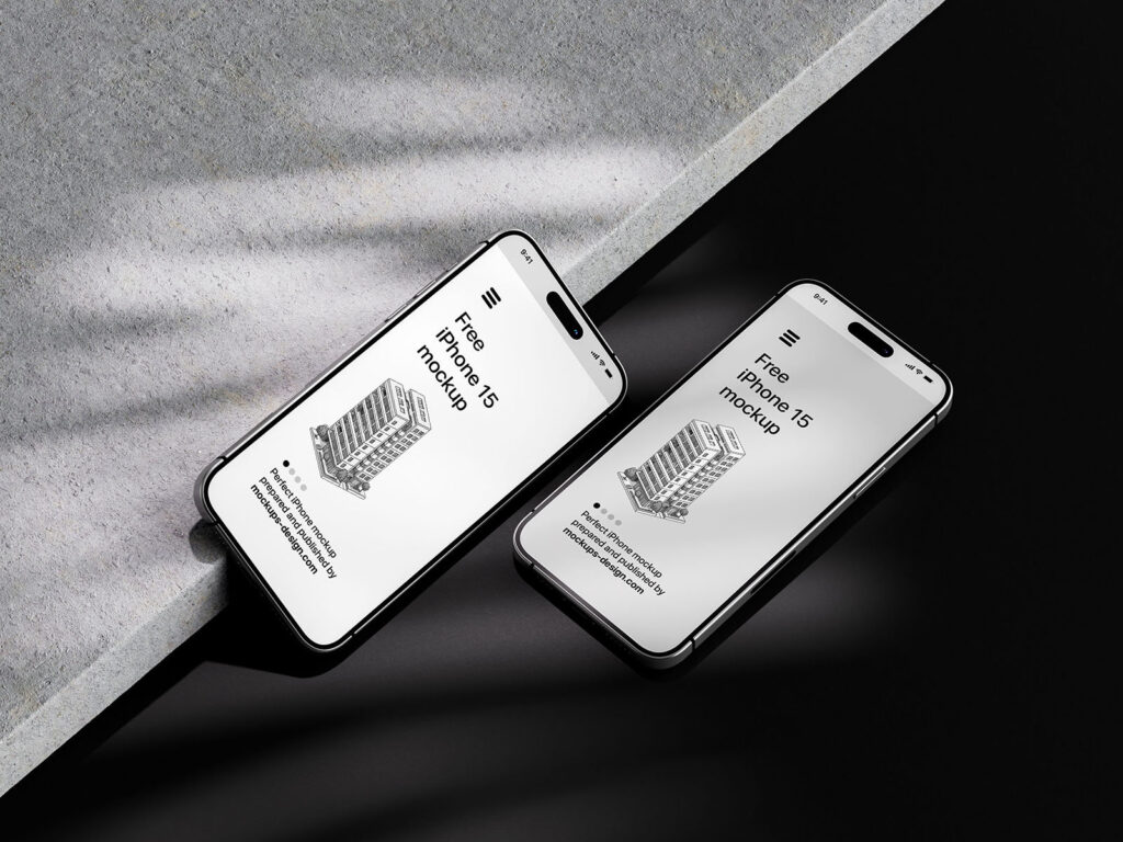 iPhone 15 Mockup with Shadow Overlays in 4 Sights