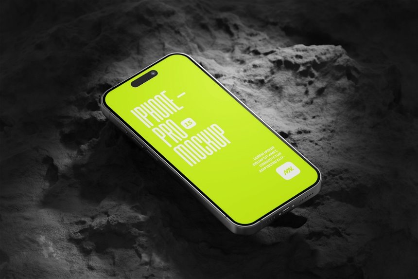 iPhone 15 Pro Mockup on Rock in 4 Views