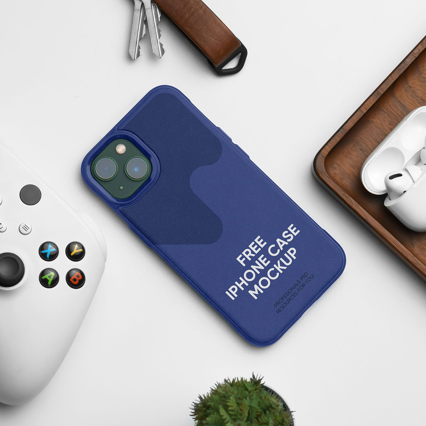 Free iPhone Case Mockup on Table PSD Template