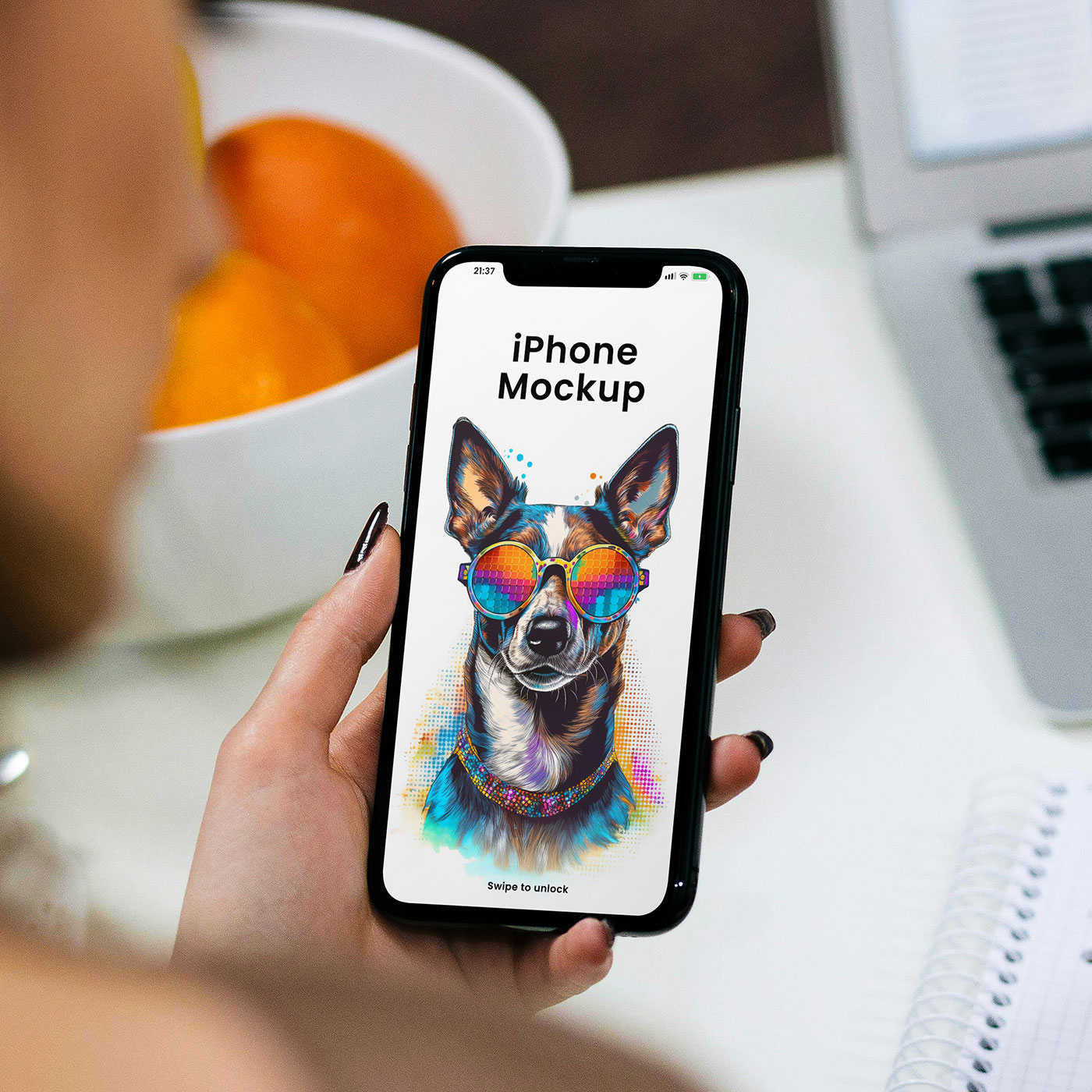 Free iPhone in Woman Hand Mockup PSD Template
