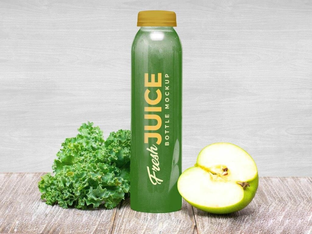Juice Bottle Mockup Including Lettuce and Apple Half