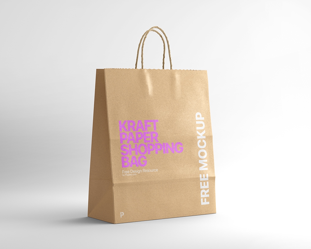 Kraft Paper Shopping Bag Placed in Plain Scene in Half-side View Mockup