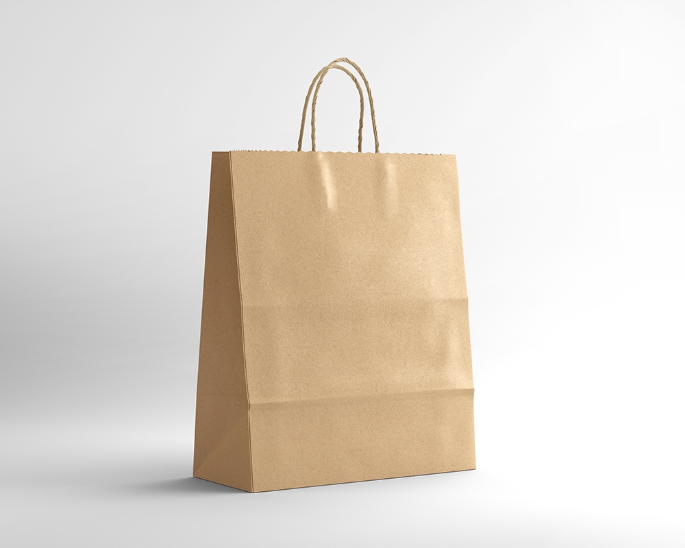 Kraft Paper Shopping Bag Placed in Plain Scene in Half-side View Mockup
