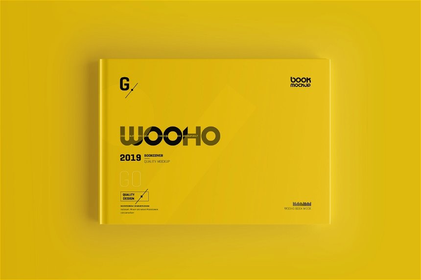 Landscape Hardcover Book Mockup in 4 Sights