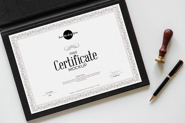 Leather Certificate Next to Pen and Wax Seal Stamp Mockup