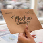 Envelope Mockup Featuring Female Hand Sitting at the Table