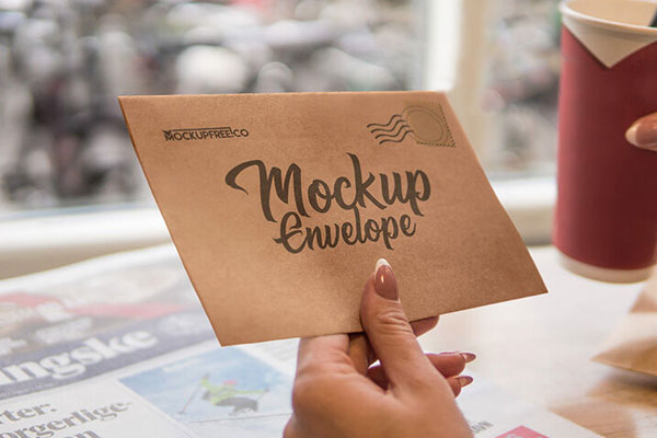 Envelope Mockup Featuring Female Hand Sitting at the Table