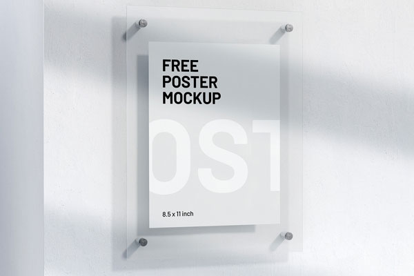 Letter Size Poster with Transparent Cover Riveted to a Wall Mockup