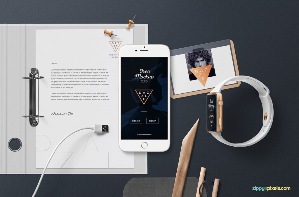 Letterhead Mockup From Top View Including Cellphone and Watch