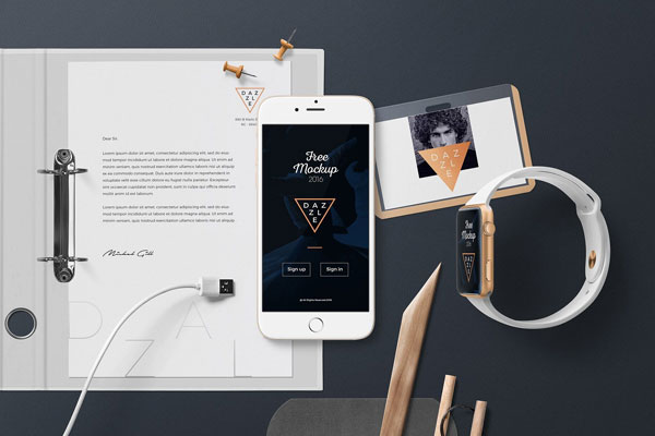 Letterhead Mockup From Top View Including Cellphone and Watch