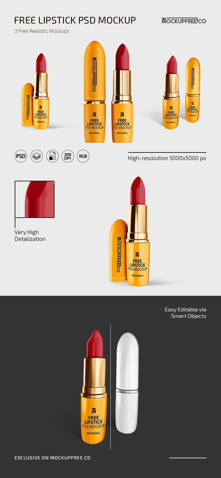 Free Lipstick Mockup in 3 Sights PSD Template