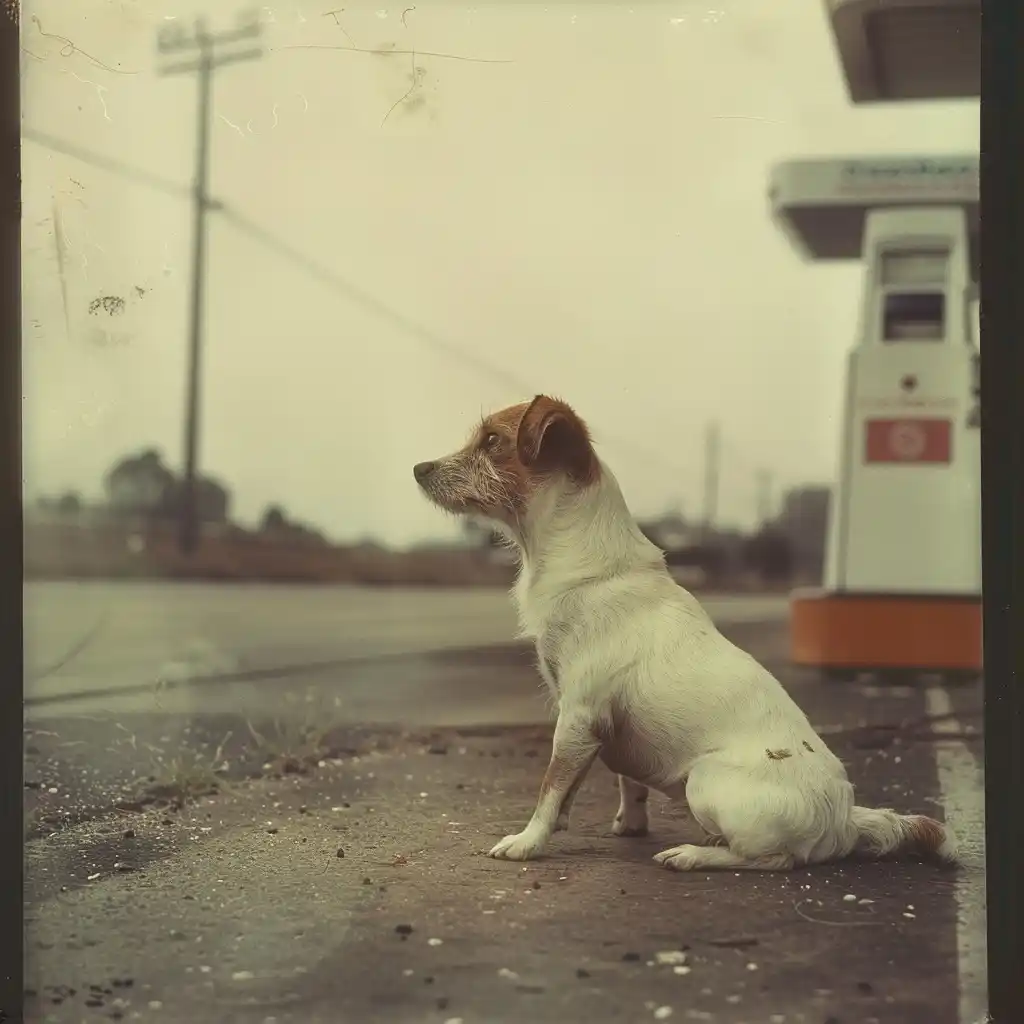 Lonely Dog at Gas Station