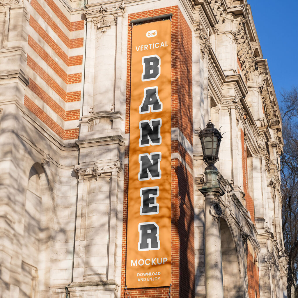 Long Vertical Banner on Wall Mockup