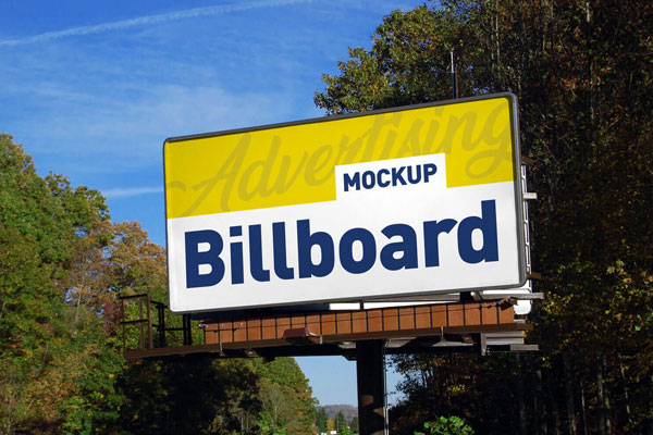 Low Angel View Horizontal Advertising Billboard in Forest Mockup