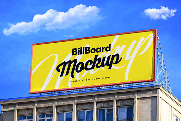 Low Angel View Horizontal Billboard on Building Roof Top Mockup
