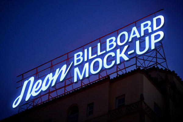 Low Angel View Rooftop Neon Sign Billboard at Night Mockup / Text Effect
