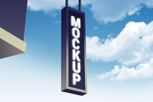 Low Angel View Vertical Drop Down Backlit Shop Signage Mockup