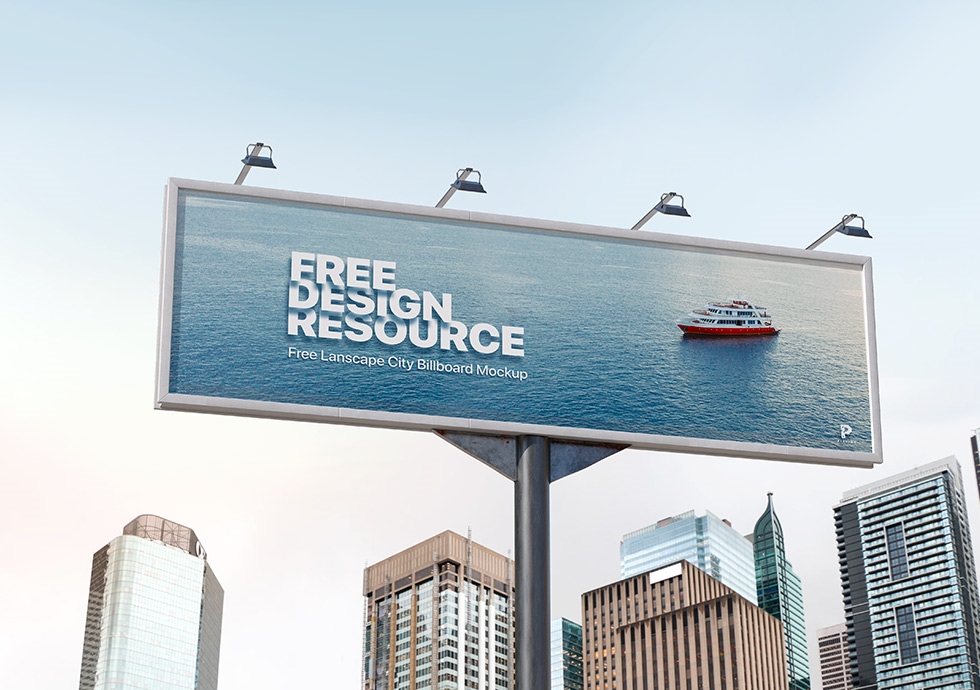 Low-angle Shot Horizontal Billboard Mockup Featuring City Buildings