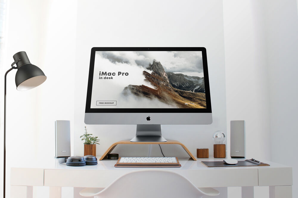 Low-Angle Shot of an iMac Pro on Desk Mockup