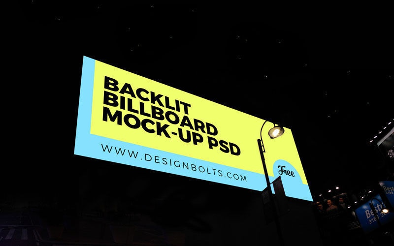 Low Angle View Backlit Horizontal Billboard Mockup at Night