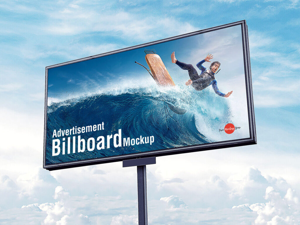 Low-Angle View, Horizontal, Metal Pole Advertisement Billboard Mockup