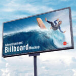 Low-Angle View, Horizontal, Metal Pole Advertisement Billboard Mockup