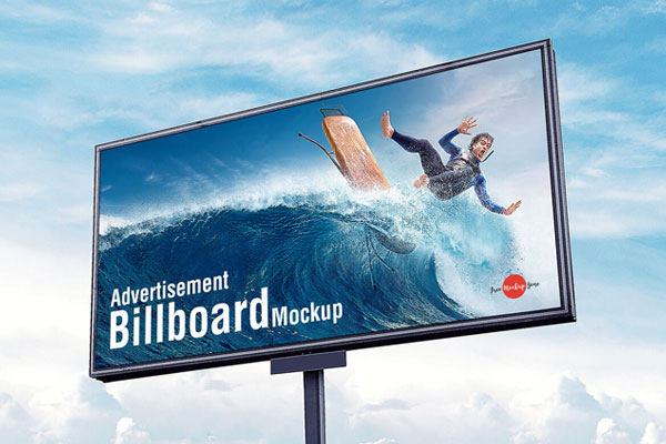 Low-Angle View, Horizontal, Metal Pole Advertisement Billboard Mockup