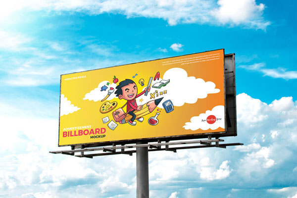 Low-Angle View, Horizontal, Metal Pole Advertisement Billboard Outdoor Mockup