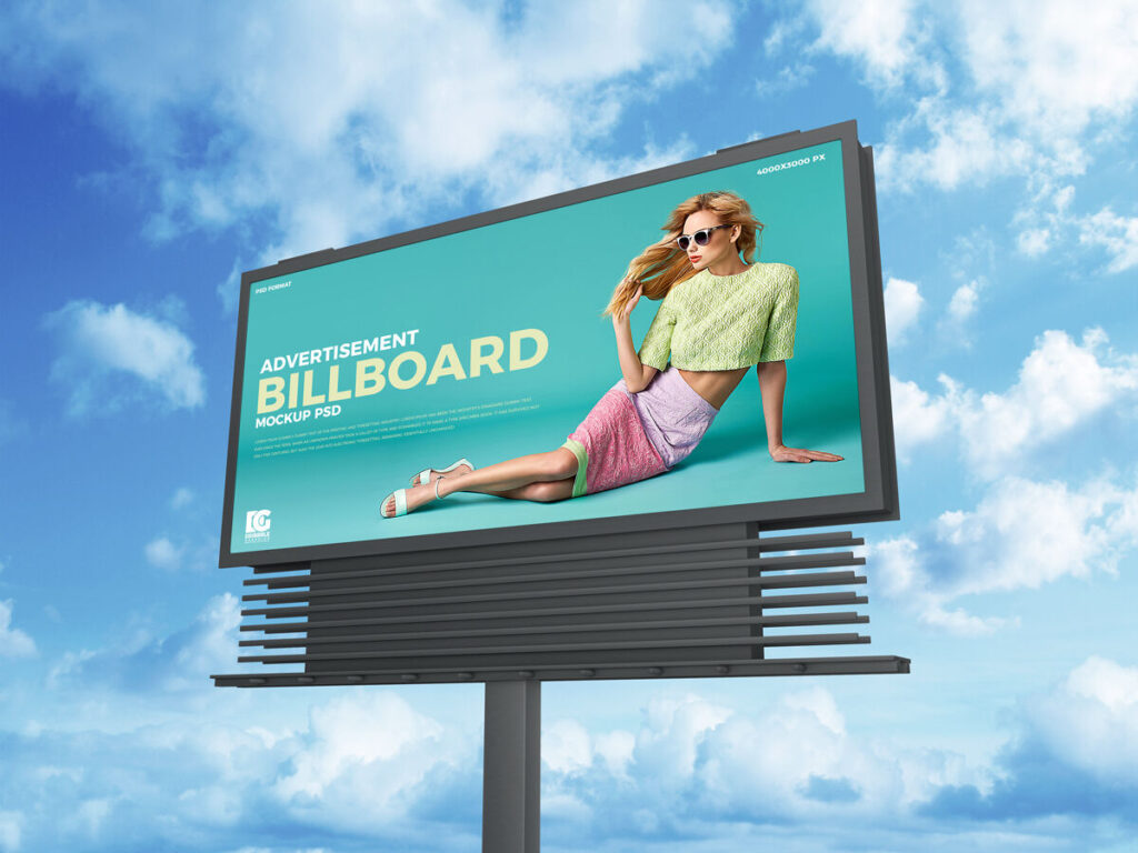 Low-Angle View, Horizontal, Metal Pole Advertising Billboard Mockup