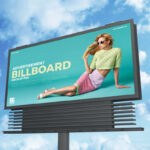 Low-Angle View, Horizontal, Metal Pole Advertising Billboard Mockup